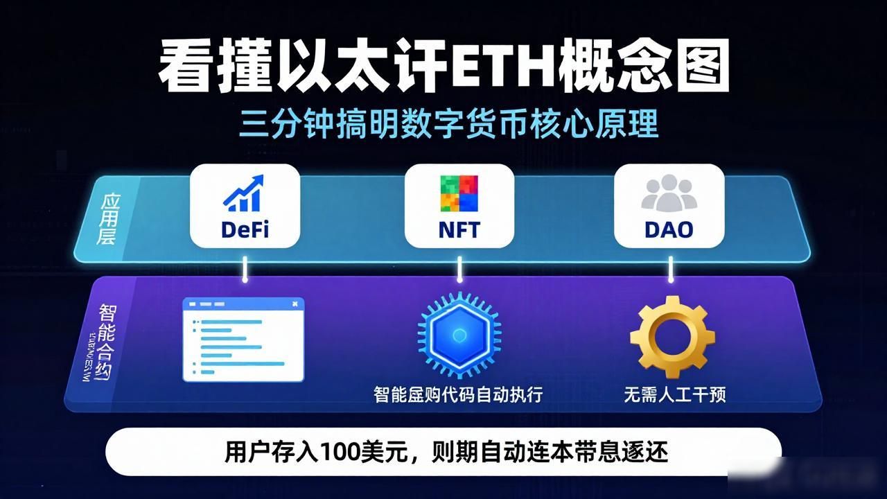 以太坊四层架构详解_智能合约工作原理_数字货币eth概念图